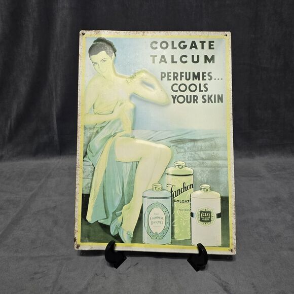 Vintage Chromolithograph on Metal Colgate Talcum Powder Advertising Sign - Picture 1 of 16